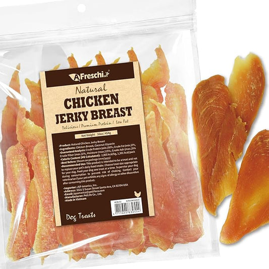 A Freschi srl Chicken Jerky for Dog, All Natural Dog Treat, High-Protein, Healthy & Easily Digestible, Grain-Free Puppy Chews, Training & Rewards Dog Snacks, Chicken Breast Jerky, 16 oz Pack