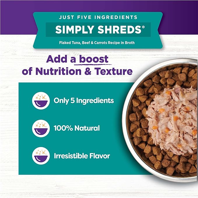 Wellness Bowl Boosters Simply Shreds Wet Dog Food Topper for Small, Medium, and Large Breeds, Grain Free, Natural, Tuna, Beef, and Carrots Recipe, 2.8 oz, Pack of 12 Pouches