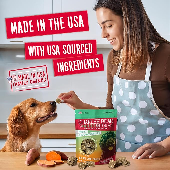 Charlee Bear Grain Free Meaty Bites Freeze Dried Dog Treats, Beef Liver and Sweet Potato, 2.25 Ounce Resealable Bag, Training Treats or Meal Topper Dogs, High Protein Snacks, Made in USA