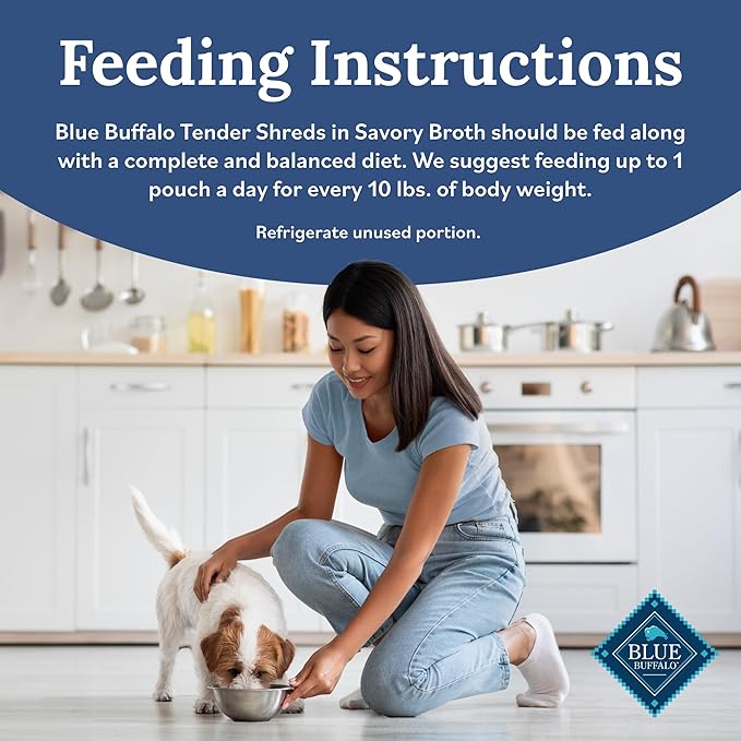 Blue Buffalo Tender Shreds Beef & Chicken Toppers in Savory Broth, Natural Dog Food Complement, Beef, 2.5-oz. Pouch, 24-Count
