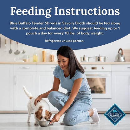Blue Buffalo Tender Shreds Tasty Chicken Toppers in Savory Broth, Natural Dog Food Complement, Chicken, 2.5-oz. Pouch, 24-Count