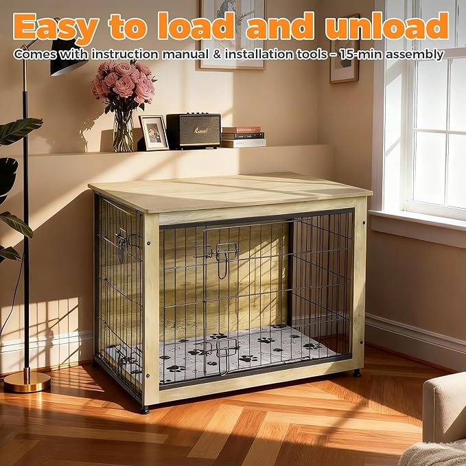 SHAWKEN Wooden & Metal Medium Dog Crate Furniture Indoor with Soft Cushion, Double-Door Dog House, 31.5" L Dog Kennel (Oak Grey, Medium)