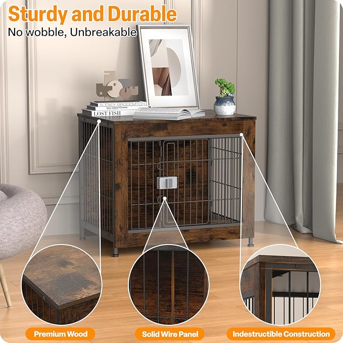 Furniture Style Dog Crate, 27" Wooden Dog Kennel End Table with Solid Top, Indoor Pet Crate House with Secure Slide Lock, Modern Dog Cage Furniture for Small & Medium Dogs