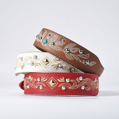 Blueberry Pet Western Dog Collar in Canyon Brown - 12-15 Inch Necks Floral-Embroidered Leather with Turquoise Studs, Adjustable