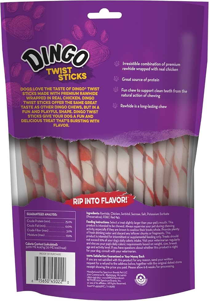 Dingo Twist Sticks, Premium Rawhide Treats for Dogs Made with Real Chicken, 50 Count (Pack of 2)