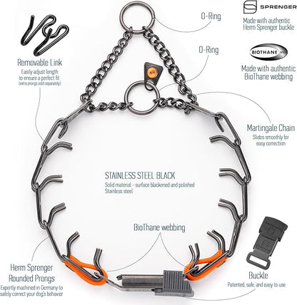 Herm Sprenger Black Stainless Steel Dog Collar with Quick Release ClicLock Buckle O-Ring Biothane Insert Training Collar Made in Germany (Hunter Orange, 16in x 2.25mm(Neck Size up to 13-14in))