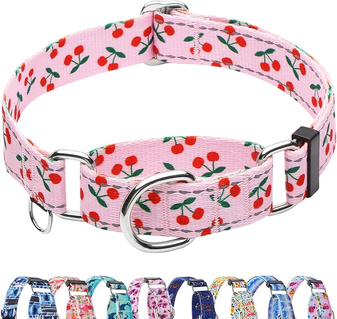 Reflective Martingale Collar for Dogs Nylon Training Collar with No Buckle No Pull Cute Dog Collar for Medium Dogs（Pink Cherry，M）