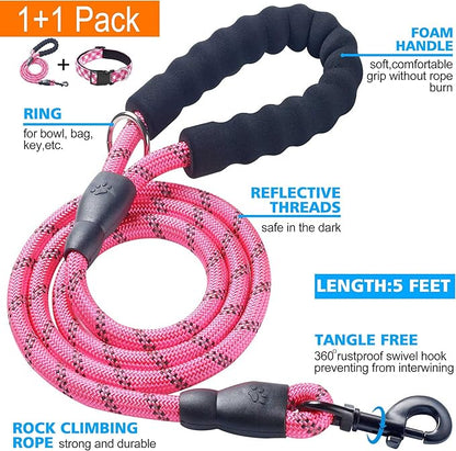 Ladoogo Reflective Dog Collar Padded with Soft Neoprene Breathable Adjustable Nylon Dog Collars for Small Medium Large Dogs (Medium (Pack of 1), Pink Plaid Collar+Leash)