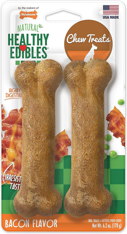 Nylabone Healthy Edibles Natural Dog Chews, Long Lasting Bones for Dogs, Bacon Flavor Dog Treats, Medium (2 Count)