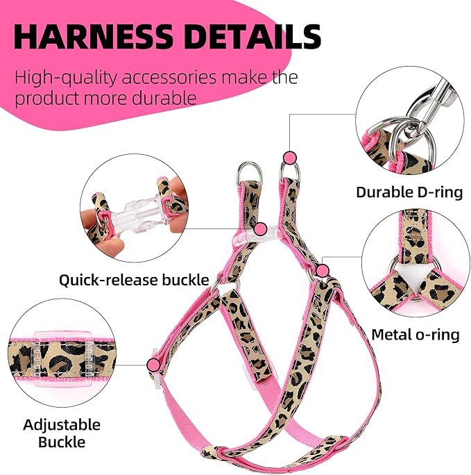 Mile High Life Leopard Dog Harness Collar Leash Set, Adjustable No Pull Dog Halter Harness for Small Breed Dogs, Easy Control for Training Walking (Pink, XS Chest 9"-15", Neck 8"-12")