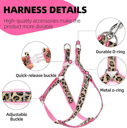 Mile High Life Leopard Dog Harness Collar Leash Set, Adjustable No Pull Dog Halter Harness for Small Breed Dogs, Easy Control for Training Walking (Pink, M Chest 15"-21", Neck 13"-17")