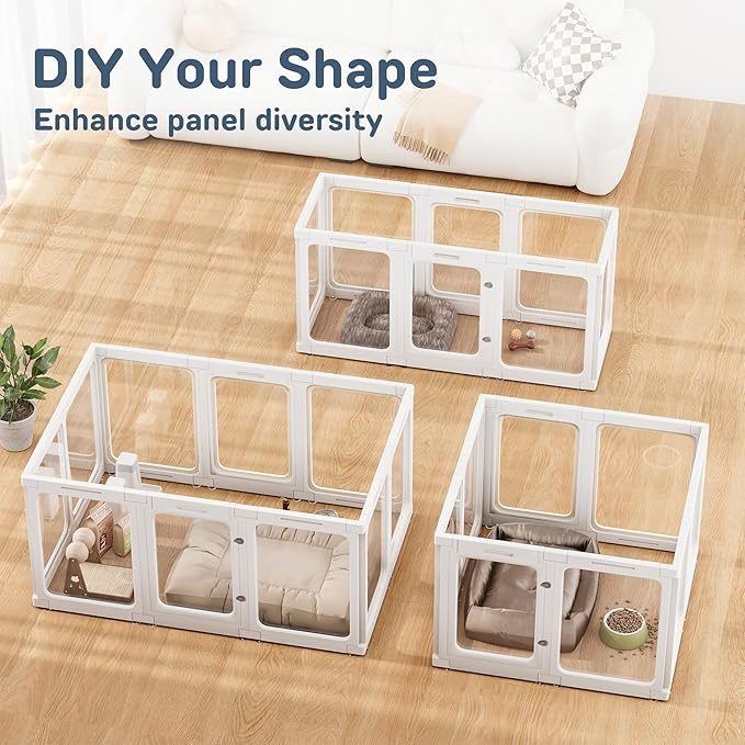 Jalove Clear Dog Playpen Indoor, 24" Acrylic Plastic Pet Play Pen with Door, Playpen for Puppy Cat Rabbit Ferret, Easy to Install Preferable Playpen for Small Dogs, Customizable, White 8 PCS