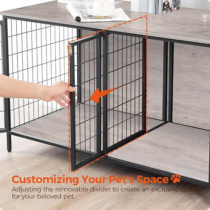 MAHANCRIS Dog Crate Furniture for 2 Dogs, 43.3" Dog Kennel with Removable Divider, Heavy Sturdy Dog Furniture Style Double Cage for Small Medium Dog, Indoor Pet House End Table, Greige DCHG1201