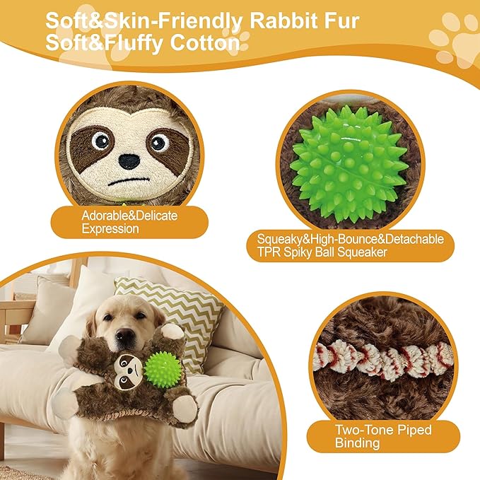 Grey Brown Sloth Plush Spiky Squeaky Dog Toy for Chewers Puppy Teething Chew Toy Cute Soft Funny Durable Stuffed Animal Interactive Tough Dog Toy for Small Medium Large Dogs Toy Gift 22cm/8.66in