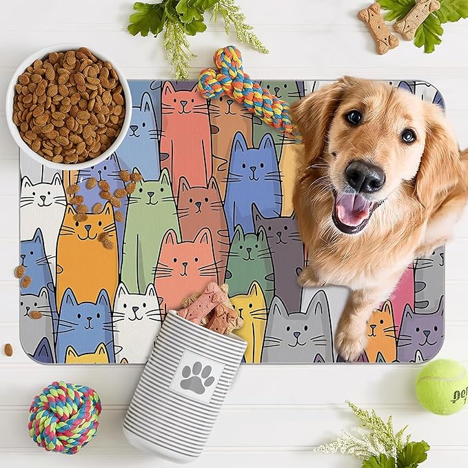 Funny Cats Family Dog Cat Food Mat,Absorbent Pet Feeding Mat for Food and Water,Non-Slip Dog Bowl Mats Floor Protector 12"x20"