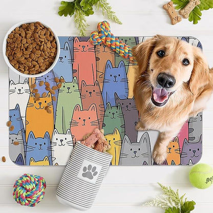 Funny Cats Family Dog Cat Food Mat,Absorbent Pet Feeding Mat for Food and Water,Non-Slip Dog Bowl Mats Floor Protector 16"x24"