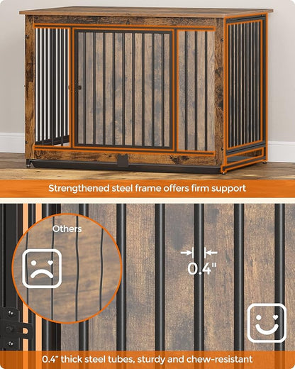 Feandrea Dog Crate Furniture, 38 Inches Dog Kennel for Dogs up to 70 lb, with Removable Tray, Heavy-Duty Dog Cage End Table Indoor, Double Doors Dog House, Easy to Clean, Rustic Brown