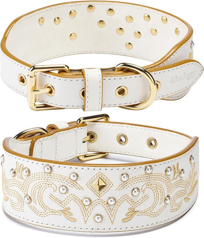 Blueberry Pet Western Dog Collar in Pearl White - Genuine Leather Dog Collars for Medium Dogs & Large Dogs with Floral Embroidery, Adjustable 18-22 Inch, Cowboy Style, Pearl Studs