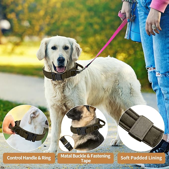 Tactical Dog Collar - Green, XL, Nylon, Heavy Duty Metal Buckle, Control Handle for Small, Medium, Large Dogs