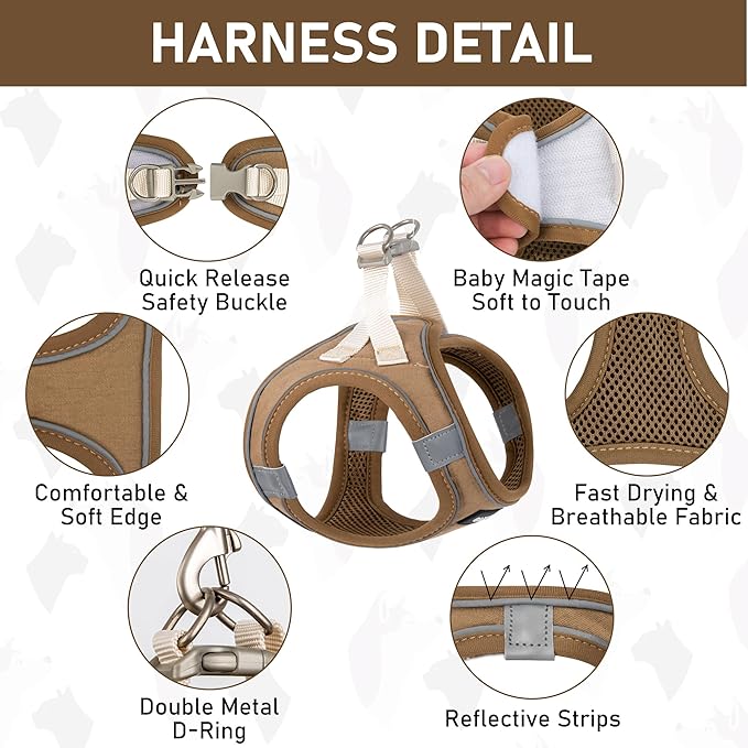 GAMUDA Small Pet Harness Collar and Leash Set, Step in No Chock No Pull Linen Fabric Soft Mesh Dog Vest Harnesses Reflective for Dogs Puppy Cats Kitten Rabbit (Brown, M)
