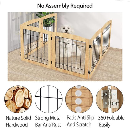 LZRS 6-Panel Extra Wide Wooden Freestanding Dog Gate: Foldable Solid Wood and Steel Wire Chew Resistant Safety Barrier for Doorways, Stairs, and Open Long Spaces Indoor Use, Natural