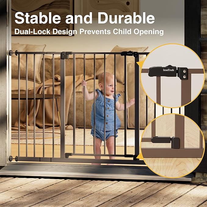 InnoTruth 28.9-49" Baby Gate for Doorways, 28" Tall Extra Wide Doggy Gates for Stairs One-Hand Opening, Easy Walk Thru Dual Lock Dog Gates for The House, Kitchen, Balcony, Easy Install Kid Gate,Brown