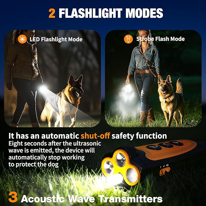 Dog Bark Deterrent Devices, 3X Ultrasonic Anti Barking Device for Dogs, 50 FT Range Stop Neighbors Dog Barks, Portable Dog Training Tool with Flashlight, Safe & Humane for Indoor Outdoor Use, Orange