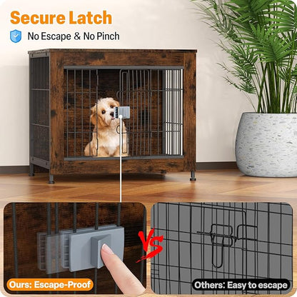 Furniture Style Dog Crate, 27" Wooden Dog Kennel End Table with Solid Top, Indoor Pet Crate House with Secure Slide Lock, Modern Dog Cage Furniture for Small & Medium Dogs