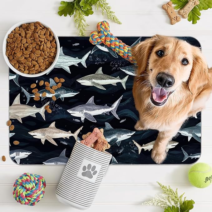 Cute Shark Dog Cat Food Mat,Absorbent Pet Feeding Mat with Rubber Backing,Non-Slip Water Bowl Placemat,Indoor Pet Accessories Supplies 16"x24"