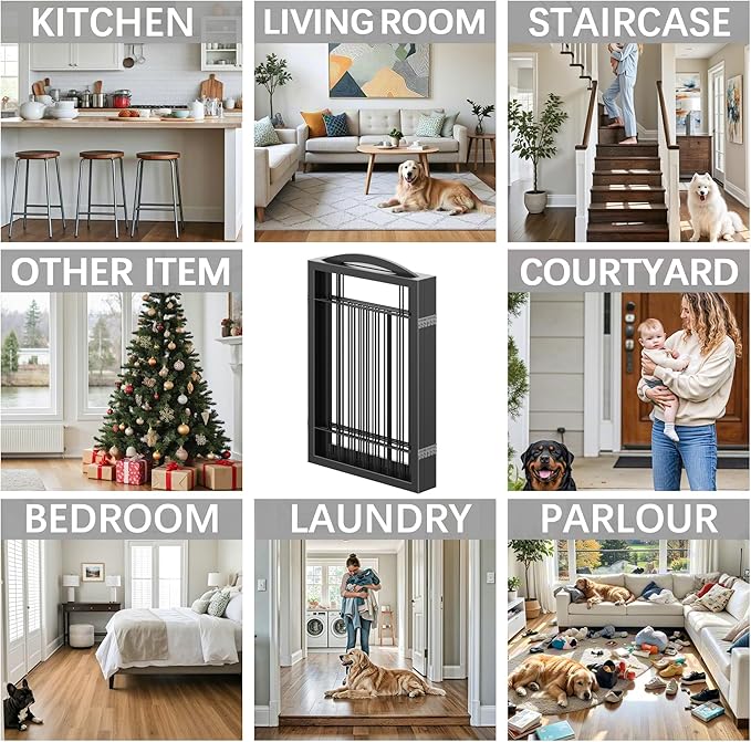 Vantas Folding Pet Gate 144" Wide, 30" Tall No-Assembly Metal Dog Gate, Freestanding Wire Pet Puppy Safety Fence, Extra Wide with 2PCS Support - Black