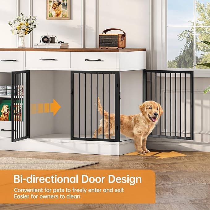 Dog Crate with Hidden Feeder Bowl & 3 Storage Drawers - 47.2" Wooden Dog Cage Indoor with Adjustable Shelf, 2 Doors Dog Kennel Furniture for Medium & Small Dogs, Multi-Functional Pet End Table