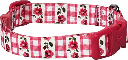 Blueberry Pet Spring Scent Inspired Dainty Flower Dog Collar, Pink Check, Adjustable Dog Collar for Medium Dogs, Size Medium, Neck 14.5-20"