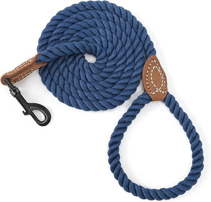 Mile High Life Dog Leash, Braided Cotton Rope Leashes with Leather Tailor Tip with Leather Tip - Heavy Duty Metal Clasp, 4FT, 1/2" Thick - Wedding, Walking Leash for Medium Large Dogs(Navy)