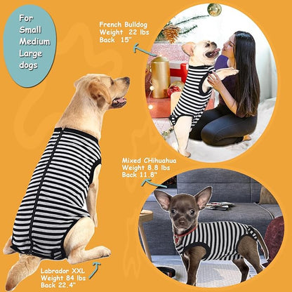 Dog Recovery Suit,Surgery Female Male Large Shirt,Spay,Neuter Recovery Clothes,Zipper Closure Cotton Striped Wounds Protect Suit,Black Striped XXL