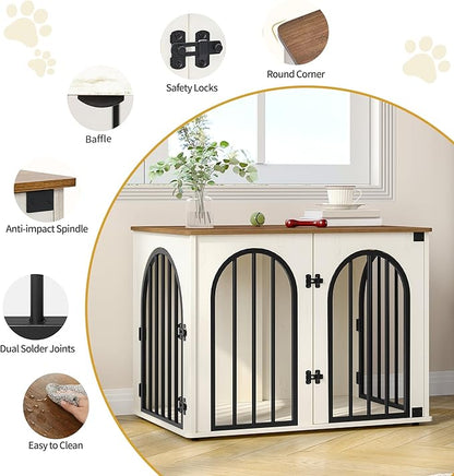 Hzuaneri 26.8'' Wooden Dog Crate Furniture, Indoor Dog Kennel Dogs Cage for Small Dogs, Heavy Duty Dog Crates Decorative Pet House End Side Table TV Stand, White Brown DFC85514B