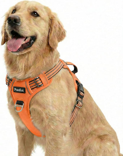 Funfox Dog Harness No Pull, Adjustable Pet Vest Harness, Super Soft Material with Vertical Handle Easy Control, Reflective Night Walking, 2 Leash Clips for Large Dogs, Orange, L