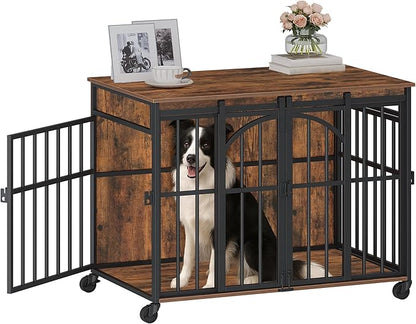 Hzuaneri 37.4" Dog Crate Furniture with Wheels, Wooden Pet Cage Indoor with Barn Door, L Dog Kennel Heavy Duty, Decorative Pet Crate for Small/Medium Dogs, End Table TV Stand, Rustic Brown DFC86201B