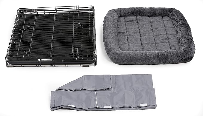 MidWest Homes for Pets Double Door 36-inch Dog Crate Kit, Bundle Includes a Two-Door Cage, Matching Gray Bed and Crate Cover, For Medium to Large Sized Breeds