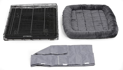 MidWest Homes for Pets Double Door 36-inch Dog Crate Kit, Bundle Includes a Two-Door Cage, Matching Gray Bed and Crate Cover, For Medium to Large Sized Breeds