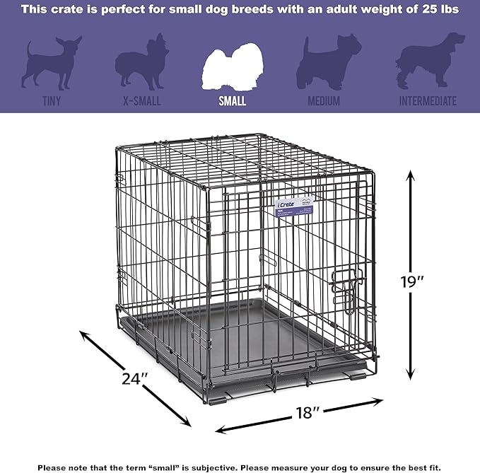 MidWest Homes for Pets 24-Inch iCrate for Small Breeds, 12-20 lbs, Single Door Folding Dog Crate with Divider Panel, Leak-Proof Tray & Secure Latch, Portable, Durable & Easy to Assemble