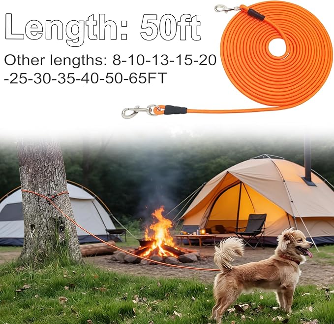 50FT Dog Tie Out Leash, Long Tether 15ft 20ft 30ft 65ft Nylon Rope Check Cord for Medium Large Dogs Outdoor Training Camping Backyard (Orange, 3/8")