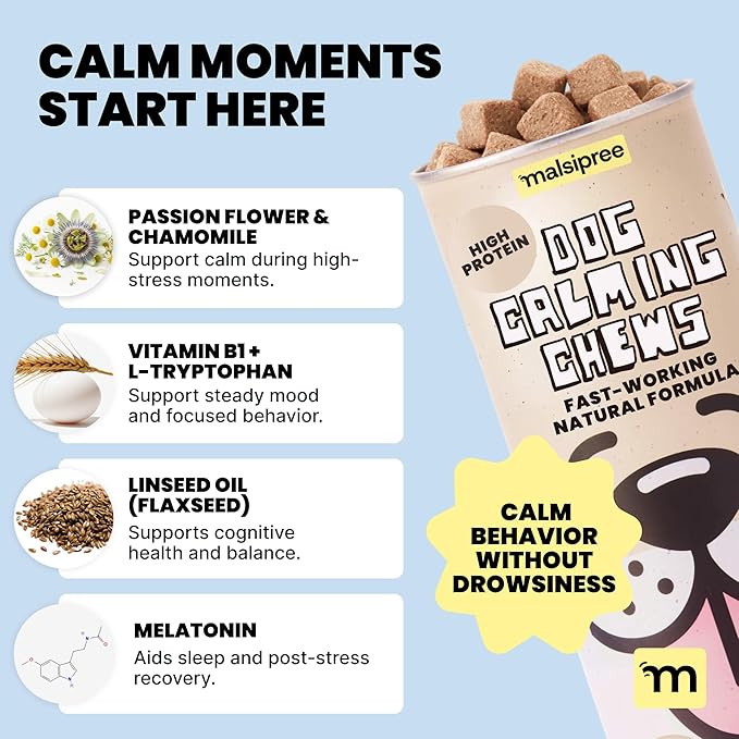 MalsiPree Calming Chews for Dogs, Freeze-Dried Chicken Treats with Passion Flower & Melatonin, Promotes Calm Behavior During Travel, Fireworks, and Loud Noises, Everyday Relaxation Support, 145 Count