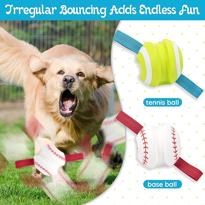 LECHONG Dog Balls with Straps for Tugging 2 Pcs, Interactive Dog Toys, Puppy Toys to Keep Them Busy, High Bouncy Balls for Dogs, Tennis Ball Base Ball Toys