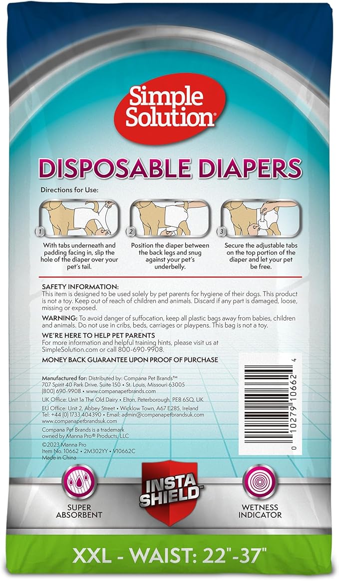 Simple Solution Dog Diapers Female, Dog Diapers, Potty Training, Super Absorbent, Breathable, Wetness Indicator for Urination, 22-37 Inch Waist, (XXL,), 30 Count (Pack of 12)