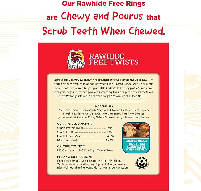 Country Kitchen Rawhide Free Beef Twists Dog Chews, Made with Real Beef, Highly Digestible, Gluten Free, 9 Count