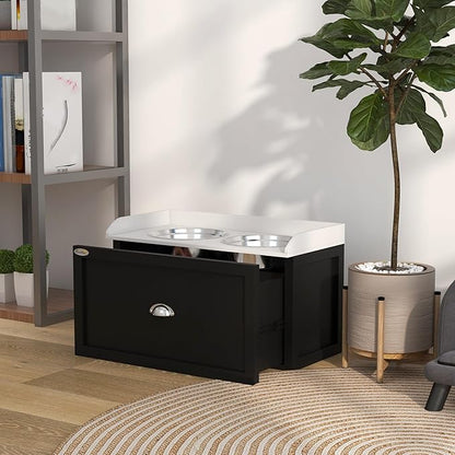 PawHut Dog Feeding Station with Storage Drawer, Elevated Dog Bowls for Large Dogs, White and Black