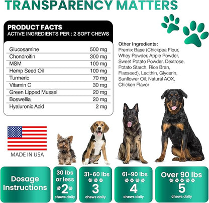 Hemp Hip and Joint Supplement for Dogs - Glucosamine for Dogs - 170 Joint Pain Relief Treats - Chondroitin, MSM, Hemp Oil - Advanced Health Supplement - Mobility Support Chews - Made in USA
