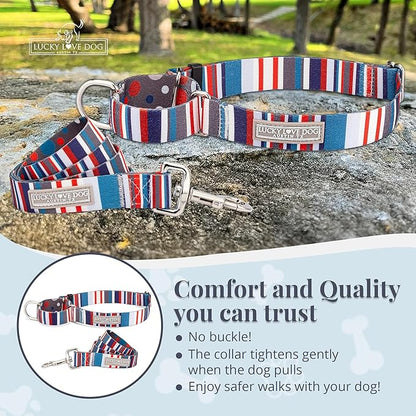 Lucky Love Dog Martingale Dog Collar & Leash - Adjustable, No-Slip, Durable, Comfortable, Soft Webbing, & Stylish Patterned Dog Collar & Leash Set for Male and Female Dogs - Linus Combo, Medium
