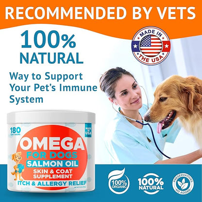 Omega 3 Fish Oil for Dogs (360Ct) - Skin&Coat Chews - Dry & Itchy Skin Relief + Allergy Support - Shiny Coat - EPA&DHA Fatty Acids - Salmon Oil Chews Promotes Heart, Hip & Joint Support
