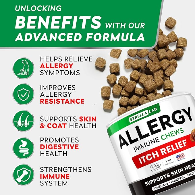 StrellaLab Dog Allergy Relief & Anti Itch Support Chews w/Omega 3: Real Ingredients, Real Taste! Skin & Coat Immune Supplement w/Fish Oil, Pumpkin & Enzymes — Developed by Experts - Made in USA -240Ct